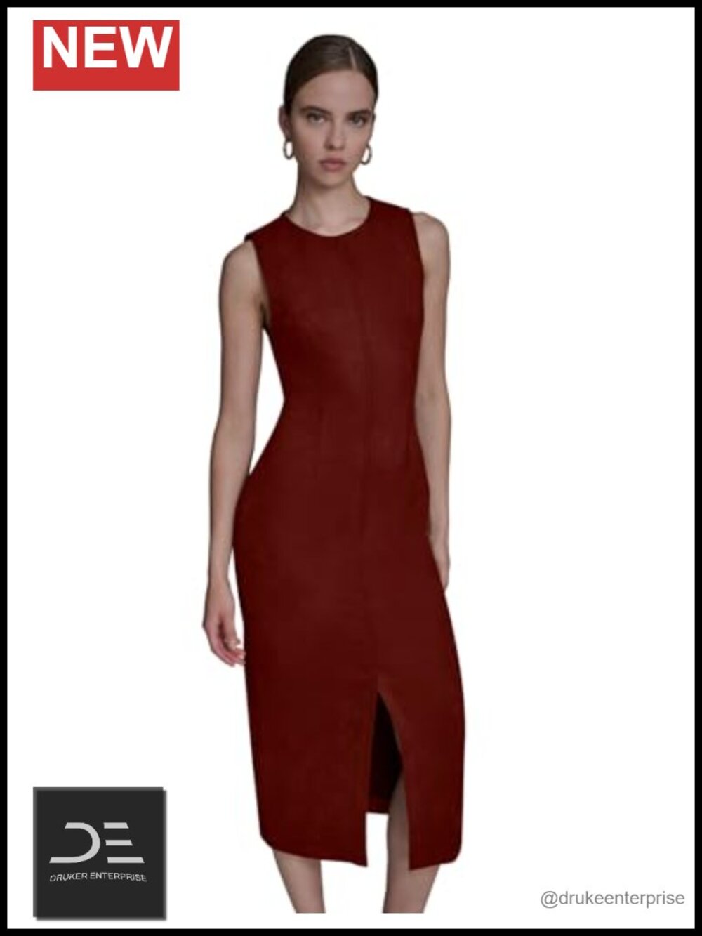 BCBG Sleeveless Jewel Neck Front Slit Midi Sheath Dress